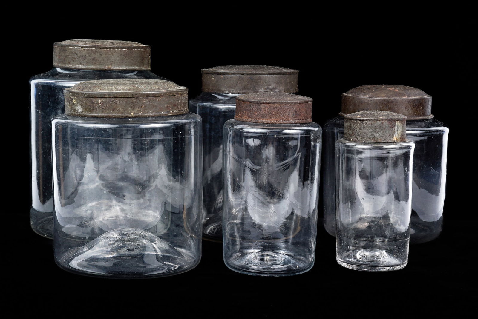 (6) BLOWN MOLDED GLASS STORAGE JARS with TIN LIDS (1 of 16)
