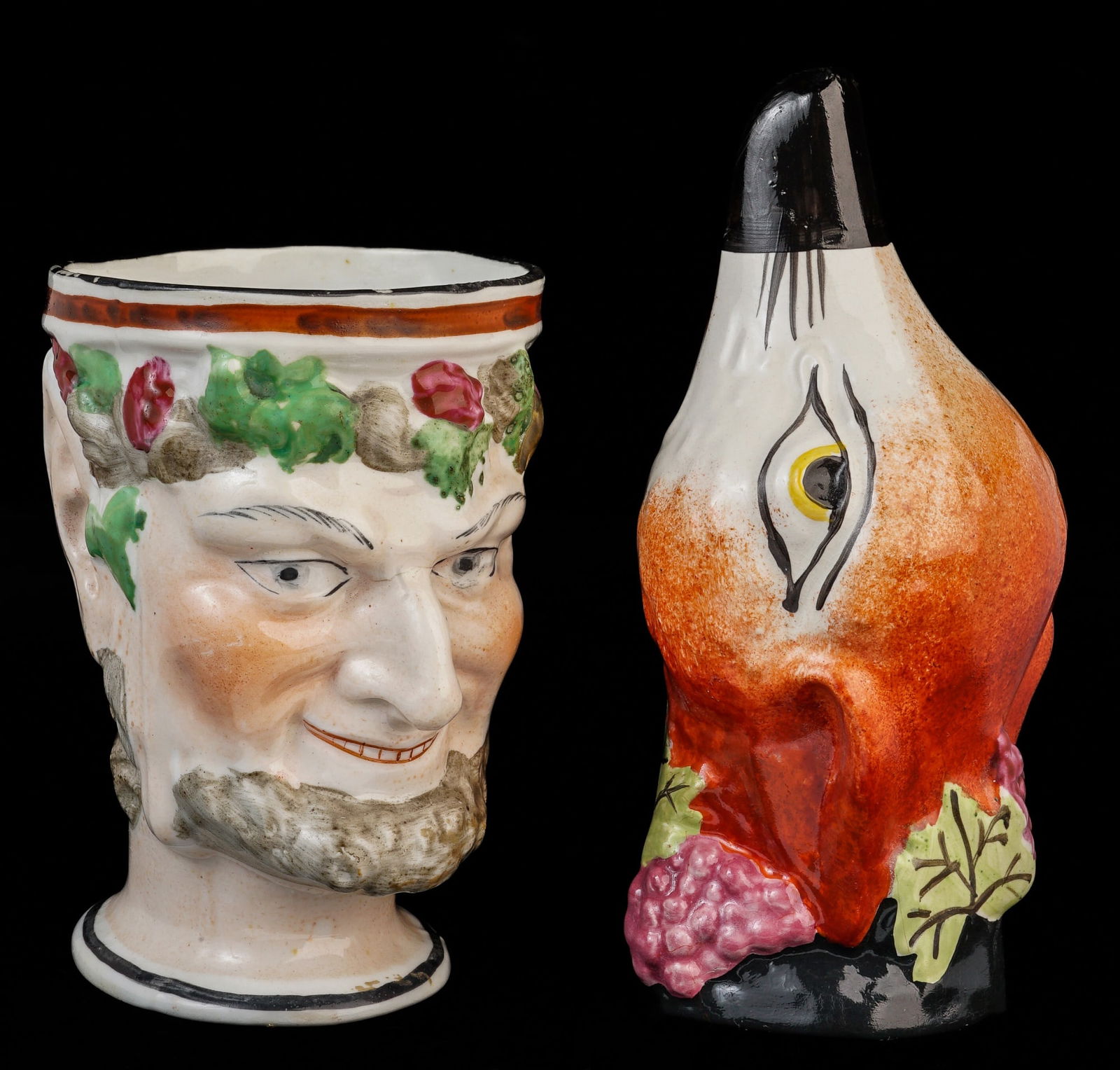 STAFFORDSHIRE FOX-FORM STIRRUP CUP & BACCHUS CUP: 5 and 4 inches. Provenance: Knox Mansion / Orchard House 800 Delaware Ave Buffalo, NY by direct descent. The Knox family of Buffalo are founders of FW Woolworth.
