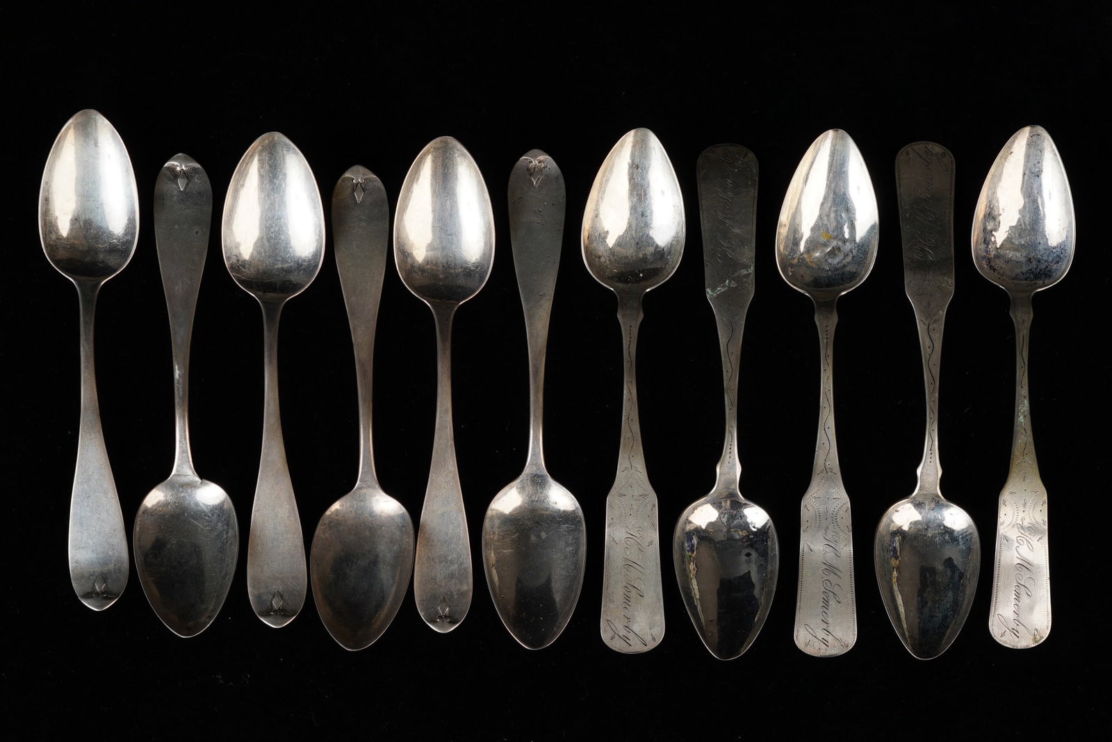 (5) WILLIAM and (6) JOSEPH MOULTON TEASPOONS: William Moulton examples are bright cut and engraved H.M. Somerby. Joseph Moulton's are engraved "A". 4.51 troy ounces