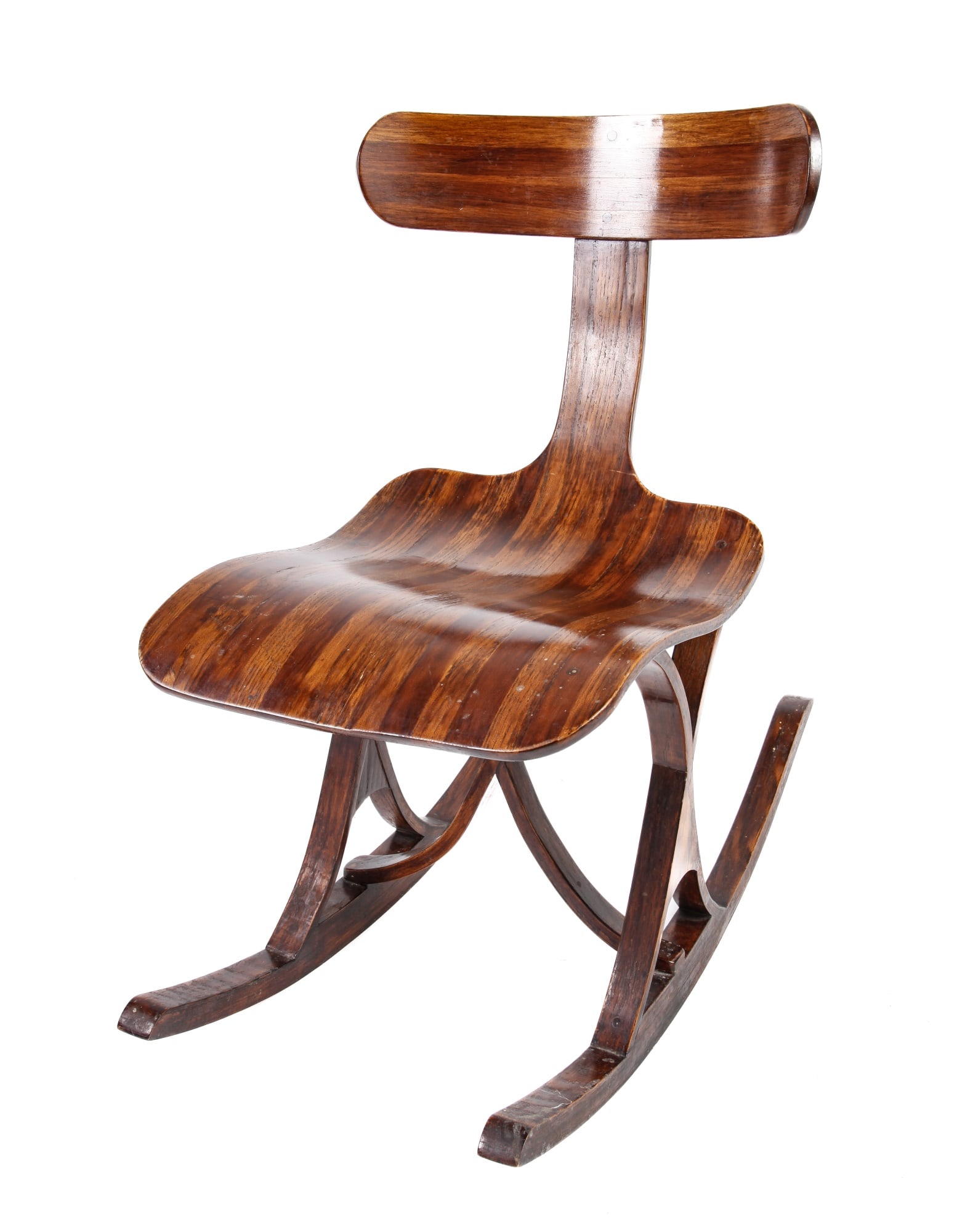 MID CENTURY MODERN LAMINATED BENTWOOD ROCKER: Wonderful supporting X cross stretcher. unsigned 32 1/2 x 16 x 32 inches