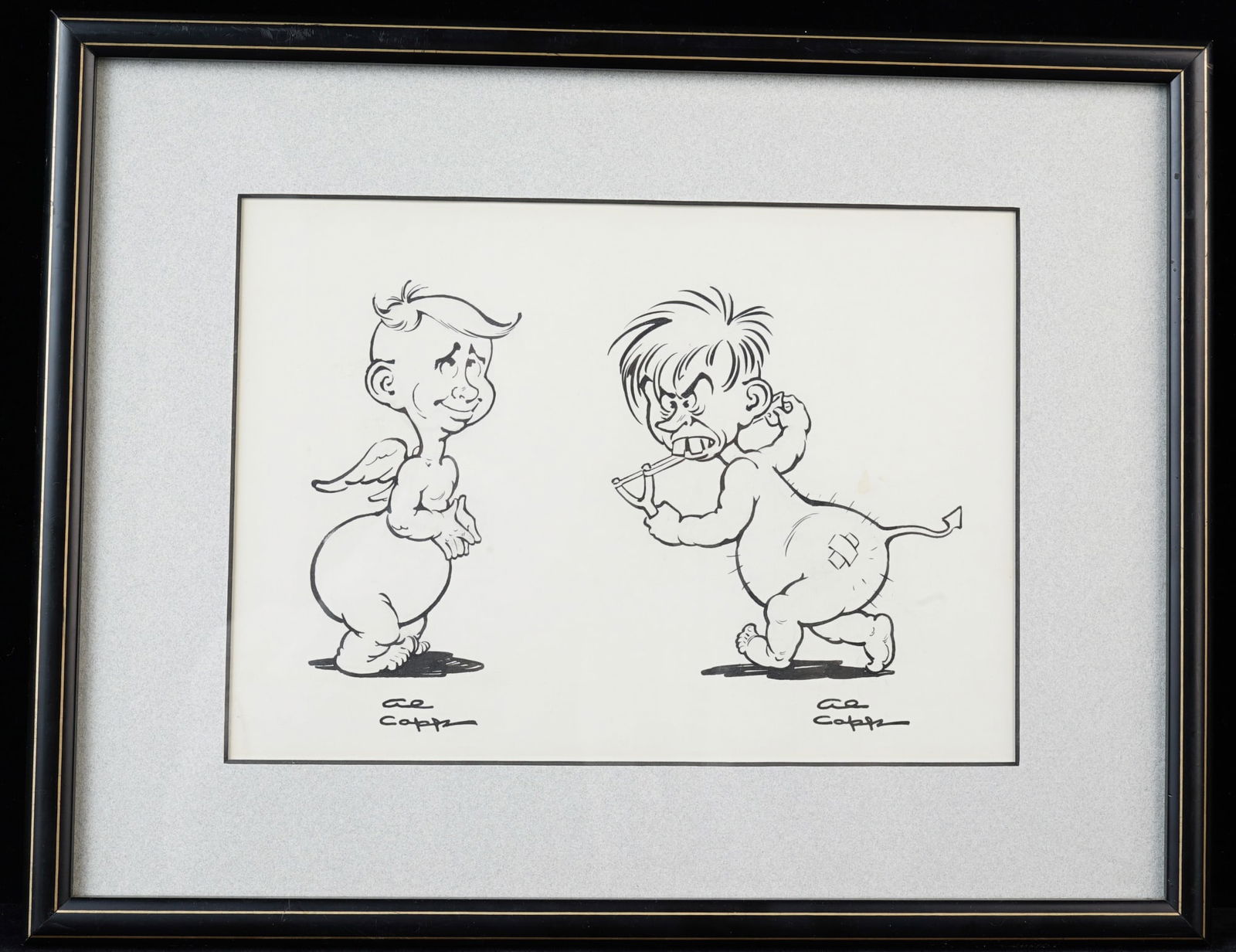 AL CAPP (1909-1979): "Good Cupid / Bad Cupid" pen and ink 6 1/2 x 9 inches. twice signed. framed. 11 x 14 inches (overall)