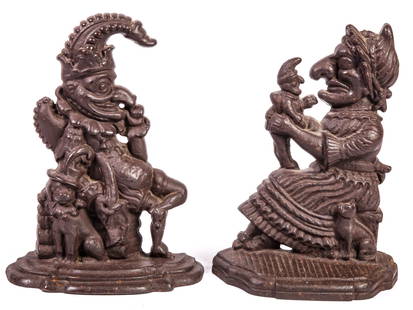 PAIR OF PUNCH and JUDY CAST IRON DOORSTOPS: 11 1/2 inches