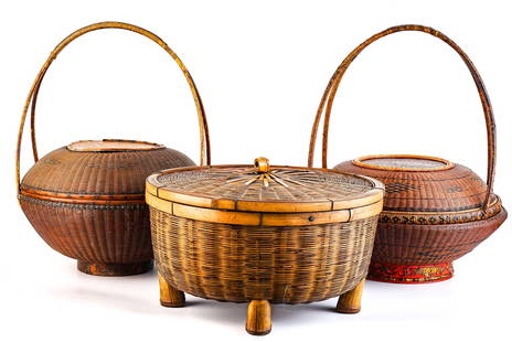 (3) CHINESE WOVEN BASKETS: 17 x 12 inches and 8 1/2 x 14 inches