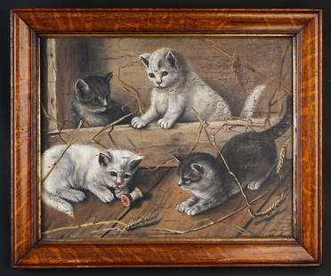 (19th c) AMERICAN FOLK ART CAT PAINTING: Unsigned oil on canvas 16 x 22 inches. Framed 20 1/4 x 24 1/4 inches