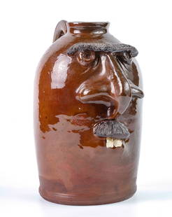 TURTLE CREEK POTTERS REDWARE FACE JUG: "Lead glaze not for food use, Mike, Fred, Chris, N.F. 162" 8 1/4 inches