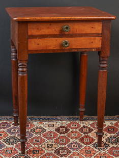 (19th c) CHERRY, MAHOGANY & MAPLE (2) DRAWER STAND: Rounded top over (2) maple front drawers and turned legs. 27 1/2 x 19 3/4 x 17 1/2 inches