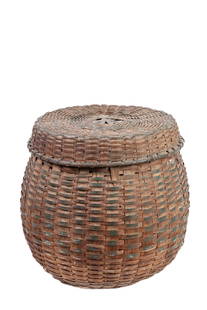 (19thc) MONUMENTAL NATIVE AMER. SPLIT ASH BASKET: Forest green painted stripes and rings. 21 1/2 x 22 inches