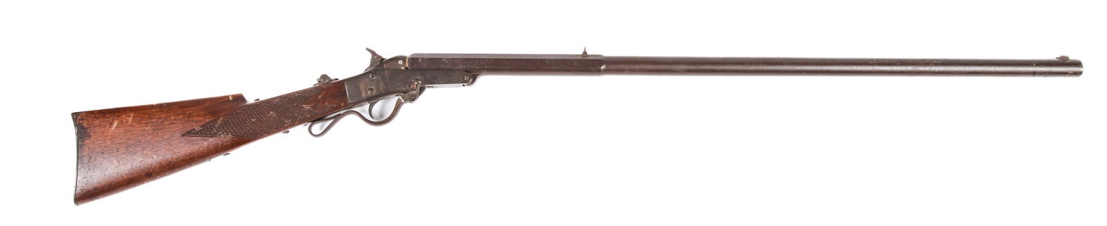 (19th c) RIFLE ATTRIBUTED to MAYNARD: 32 inch barrel with break action. 47 inches (overall). Unmarked with the exception of a serial number 20896 ? on hardware behind lever movement.