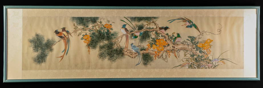 CHINESE SCROLL (20th c): "Exotic Birds in a Flowering Tree" photo mechanical print 12 1/2 x 53 inches (image). unsigned. framed 18 1/4 x 61 1/4 inches (overall)