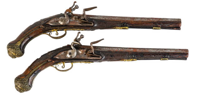 PAIR (18th c) OF FLINTLOCK DUELING PISTOLS: Gilt brass mounts. 11 1/2 inch barrel, 18 1/2 inches (overall) 5/8 inch (bore approx)