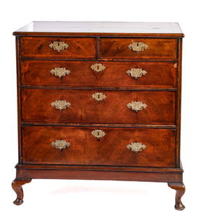 (18th c) ENGLISH BOOK-MATCHED CHEST OF DRAWERS: Book-matched and banded veneers with contrasting grain configurations. Rounded molding separates drawer fronts with original brass hinges and escutcheons. 39 1/2" x 37 1/4" x 22"