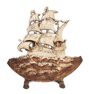 VINTAGE CAST IRON GALLEON-FORM DOOR STOP: Unmarked. 15 1/2 x 15 inches