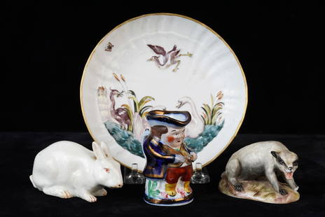 MEISSEN BADGER, CAPODIMONTE PLATE, RABBIT & MUG: Old Castle luster Toby pitcher and unmarked ceramic rabbit 6 inches (and under)