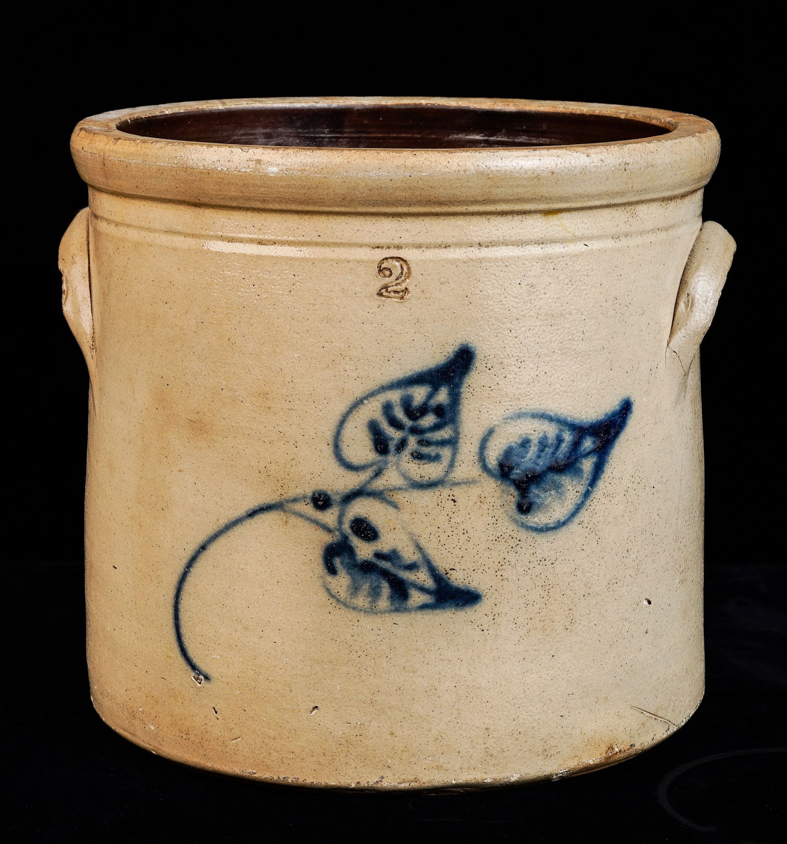 SALT GLAZED (2) GALLON CROCK with COBALT SPRIG (1 of 8)
