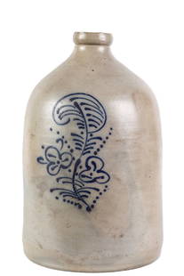 (2) GALLON SALT GLAZED STONEWARE JUG: Decorated with a cobalt foliate motif. 14 inches