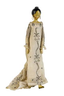 LATE (19th)c ENGLISH QUEEN ANNE DOLL: Painted wooden doll with jointed arms and legs wears earrings and a linen dress embroidered with metallic thread. 22 1/2 inches