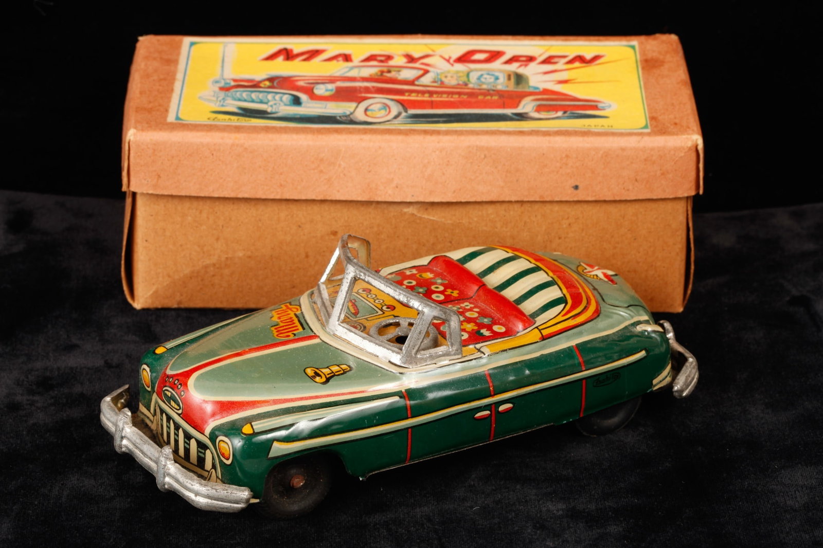 "MARY OPEN" FRICTION TELEVISION CAR: Made in Japan. 2 1/2 x 7 1/4 x 3 inches (box overall)