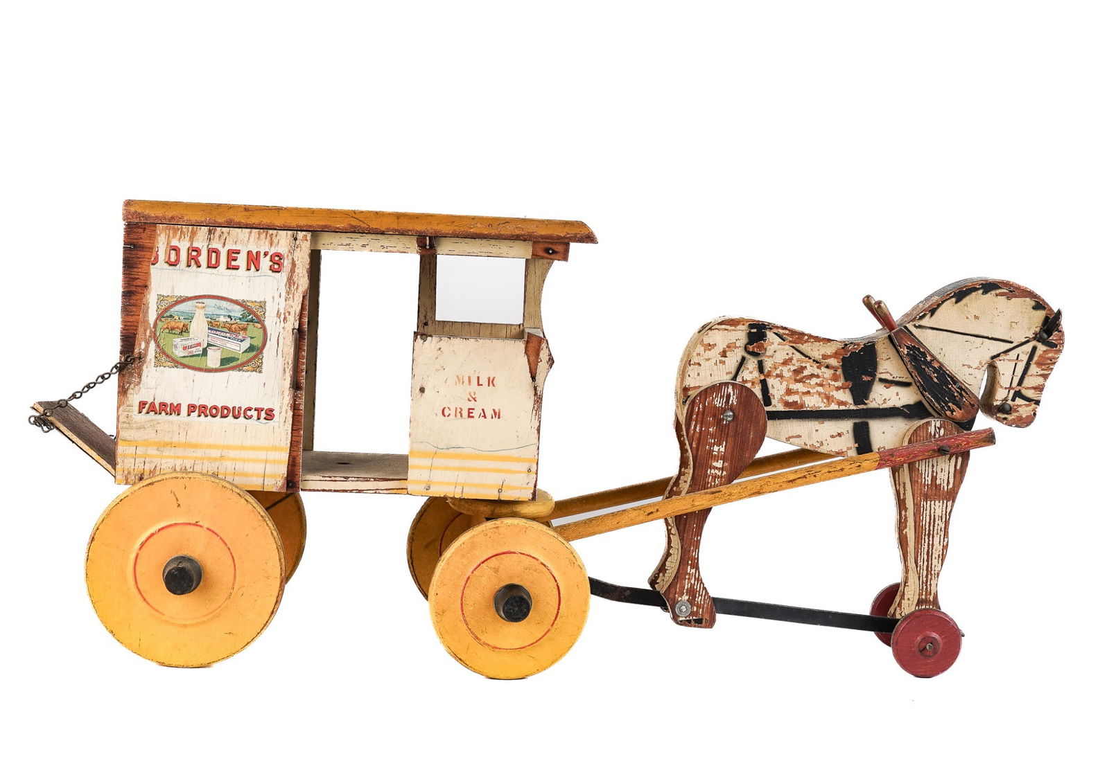 LARGE VINTAGE BORDEN'S FARM PRODUCTS PULL TOY: Painted wood. 15 x 27 x 9 inches.