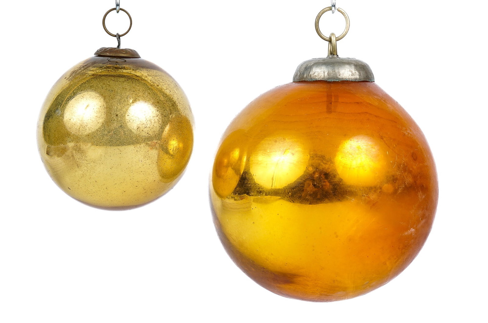 (2) MERCURY GLASS CHRISTMAS / KUGAL BALL ORNAMENTS: Each with a thick quality, embossed escutcheons and hanging rings. 4 and 2 1/2 inches