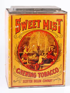 SWEET MIST CHEWING TOBACCO RETAILER'S DISPENSER: Lithograph in color laid to paperboard with a tin lid and base. 11 x 8 x 6 1/2 inches