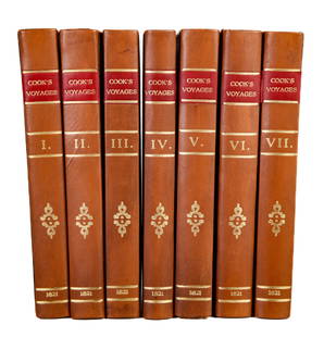 1821 THE (3) VOYAGES of CAPT JAMES COOK VOL. I-VII: London, Printed for Longman, Hurst, Rees, Orme, and Brown. hardcover leather bound. 8 1/2 x 5 1/2 inches