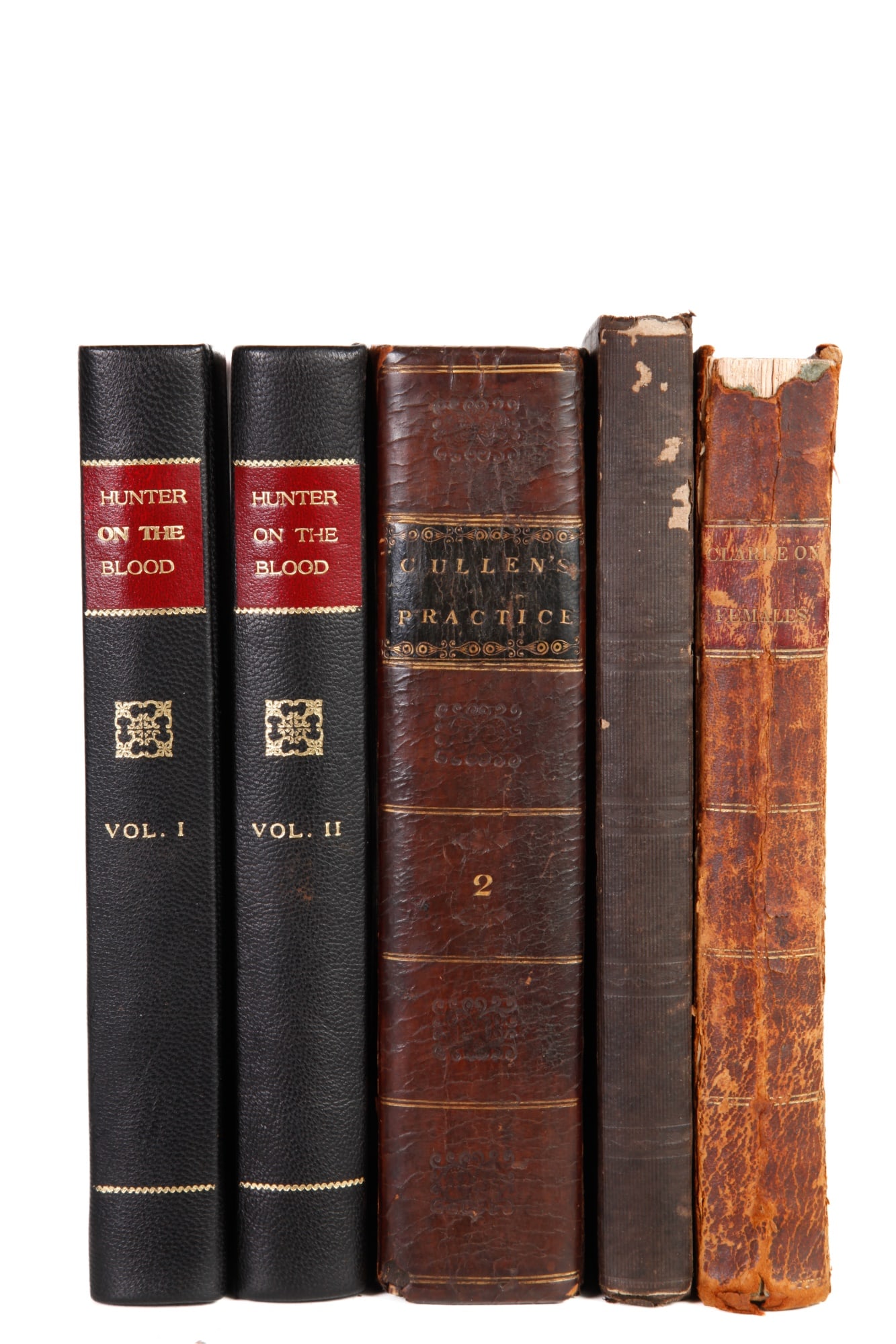 BLOOD & GUN SHOT WOUNDS, PRACTICE of PHYSIC etc: Treatise on the Blood, Inflammation and Gun-Shot Wounds by John Hunter. Philadelphia, Thomas Bradford 1796 hardcover, Vol I and II, Practice of Physic by William Cullen. Edinburgh, Bell and Bradfute 1