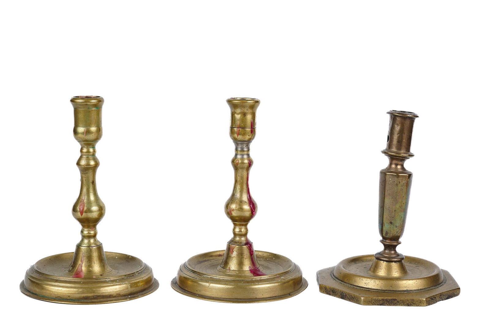 PAIR OF (18th c) BRASS CANDLESTICKS and a THIRD (1 of 19)