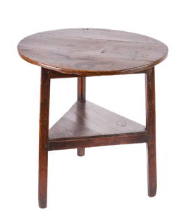 (18th c) OAK CRICKET TABLE: Round top with slightly splayed legs supported by a lower shelf. 28 x 27 inches