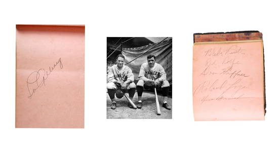 RARE 1930s AUTOGRAPH BOOK FEATURING RUTH & GEHRIG: Including: Babe Ruth, Lou Gehrig, Tom Yawkey, Dusty Cooke, Senators Bucky Harris, Roland Logan, Red Rolfe, Henry Cabot Lodge (clipped) etc etc etc 4 1/2 x 6 inches