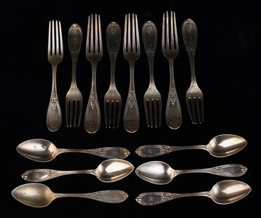 GROUPING OF COIN SILVER FORKS and SPOONS: Forks by T. Steele and Co., spoons by Albert Coles. 7 1/4 inches (and under) 18.33 troy ounces.