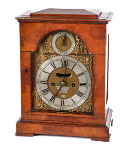 ENGLISH BRACKET CLOCK by WILLIAM STAPLETON c1745: The two-train 8-day movement with silvered dial, matte center, date and pendulum aperture, the arch signed William Stapleton London. 6 1/2 inch dial. 14 1/2 x 11 x 6 1/2 inches