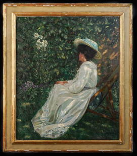 AMERICAN SCHOOL (Early 20th c): "Woman Contemplating in a Garden" oil on canvas 30 x 25 inches. signed illeg. Fairhurst ? framed. 36 x 31 inches (overall)