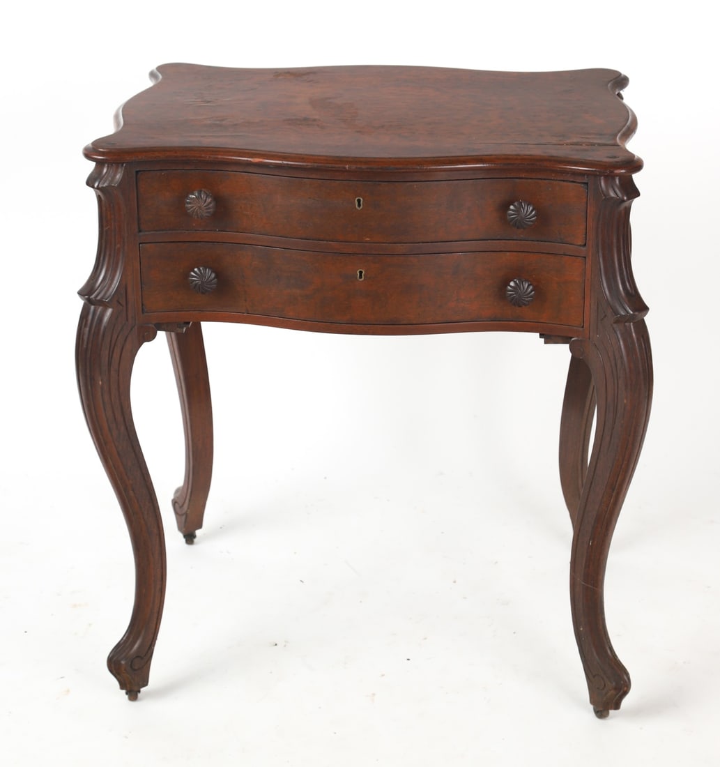 (19th C) FRENCH (2) DRAWER DESK IN BURLWOOD VENEER (1 of 16)