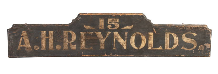 (19th c) A.H. REYNOLDS TRADE SIGN / CORTLAND, NY: Dealers in Wagons, Bobs and Cutters . Gilt and painted molded hardwood (possibly oak) 14 x 72 inches. Together with a piece of A.H. Reynolds note paper with letterhead.