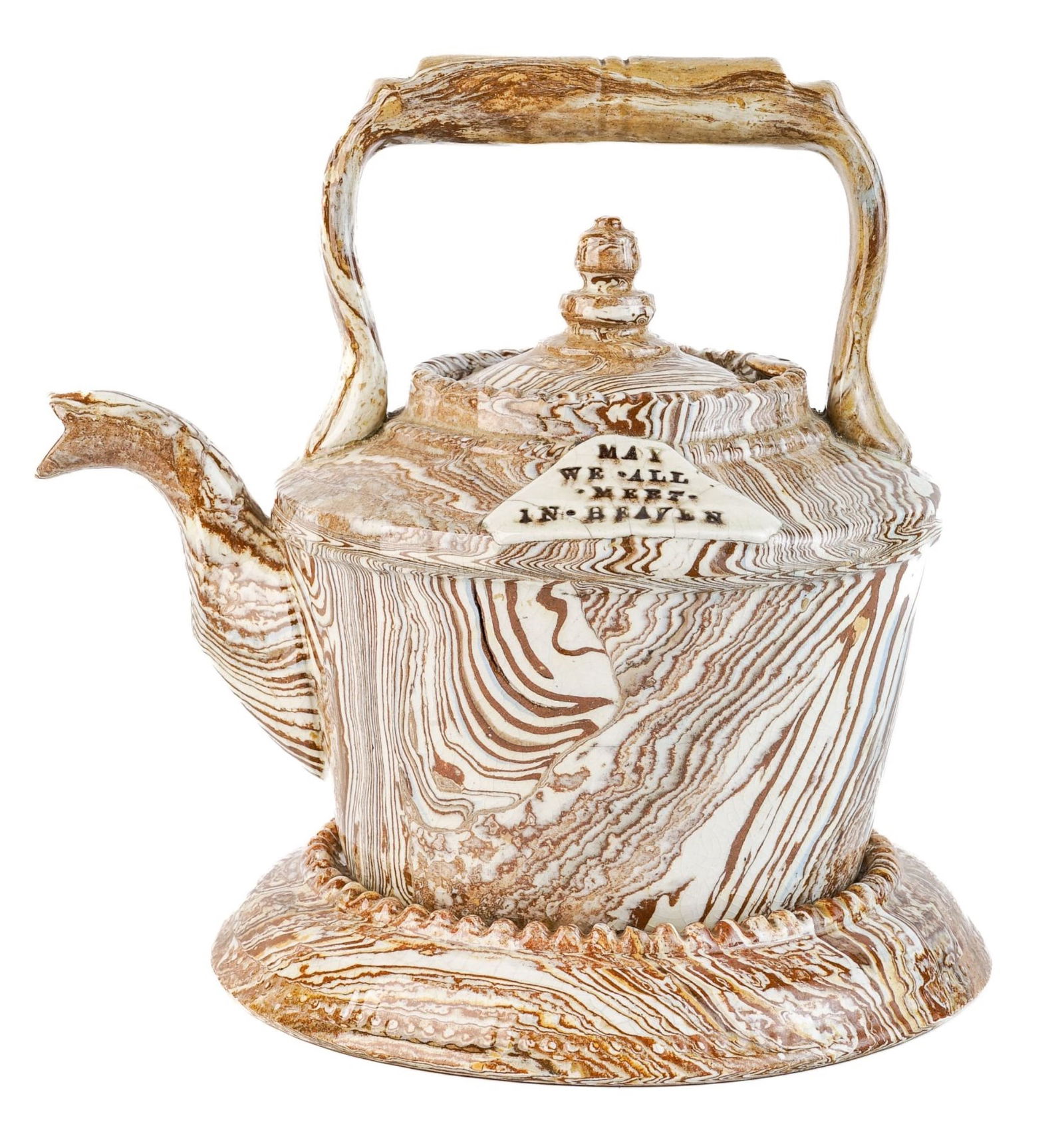 RARE SCRODDLED YELLOWWARE TEAPOT with MOTTO c1850 (1 of 12)