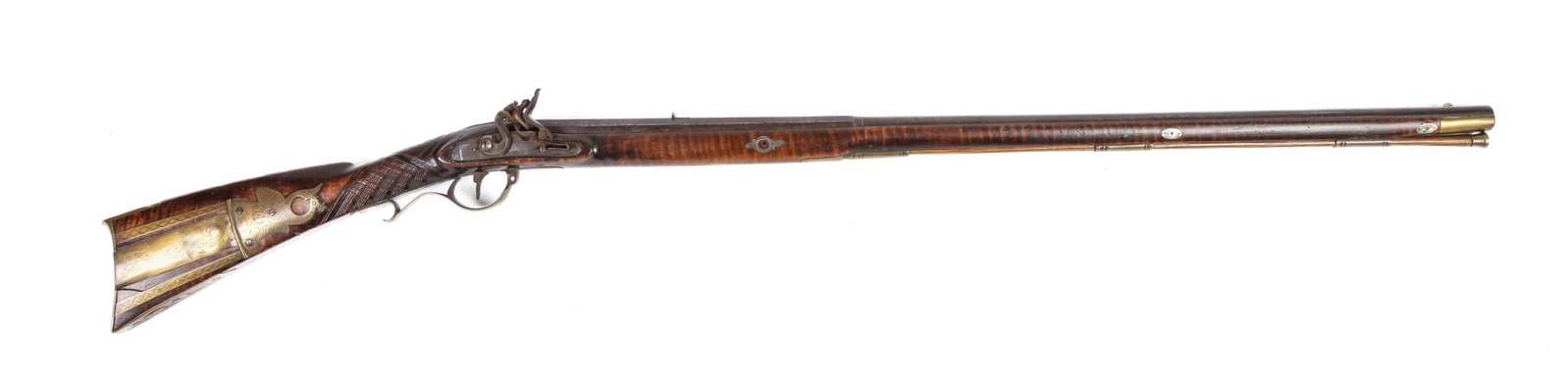 PETER GONTER SR & JR FLINTLOCK KENTUCKY RIFLE: Partial octagonal 37 inch 50 caliber barrel signed Gonter in cursive, finely carved full stock is set with bright cut silver, curved brass butt plate and engraved phoenix -form brass patch box. 52 1/2