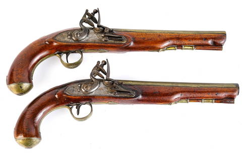 PAIR T KETLAND of LONDON .60 CAL FLINTLOCK PISTOLS: 9 inch brass barrel with brass mounts. 14 1/2 inches (overall)