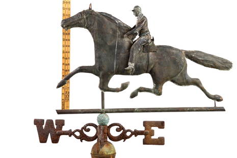 MID (20th)c THE SMUGGLER and RIDER: Copper jockey atop galloping horse weathervane made from original E.G. Washburne Smuggler cast iron molds by New England Weathervane Shop. 17 1/2 x 27 1/2 inches. NOTE: DIRECTIONALS IN PHOTOS ARE FOR