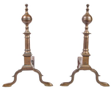 PAIR OF (18th c) STEEPLE TOP BRASS ANDIRONS: Federalist period with columnar plinth and slipper feet 21 x 12 1/2 x 19 1/2 inches.