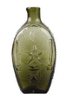 RARE COVENTRY GLASS WORKS MASONIC FLASK: GIV-29. Olive half pint blown-molded with crescent, hour glass and twin pillars (Boaz and Jachin) on both sides. Attributed to the Coventry Glass Works Coventry Connecticut. 6 inches.