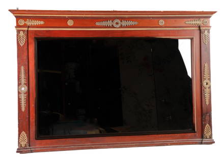 IMPRESSIVE MAHOGANY MIRROR with ORMOLU MOUNTS: Neo-classical motif with an array of gilt bronze mounts. 45 1/2 x 69 inches