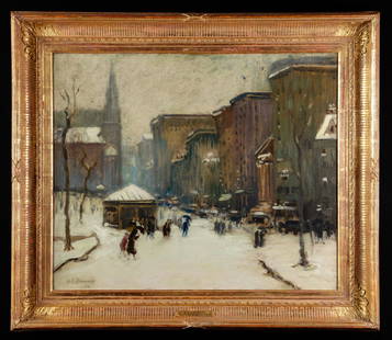 ARTHUR CLIFTON GOODWIN (1864-1929): "Park Street Church, Boston" oil on canvas 25 x 30 inches. signed and dated 1912. presented in a custom gilt frame 33 1/4 x 38 inches (overall)