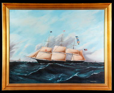 After JAMES E. BUTTERSWORTH (1817-1894): "The Dreadnaught" oil on canvas 28 x 36 inches signed verso Charles F. Allen. framed 32 x 40 inches (overall)