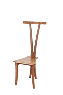 IMPORTANT DESIGNER MID CENTURY TEAK VALET CHAIR: Crest rail serves as pant rack and coat hanger. Seat hinges open to compartment for loose change, watch and wallet. Signed with hand chiseled designer mark on chair bottom. Teakwood 42 x 16 x 16 inche