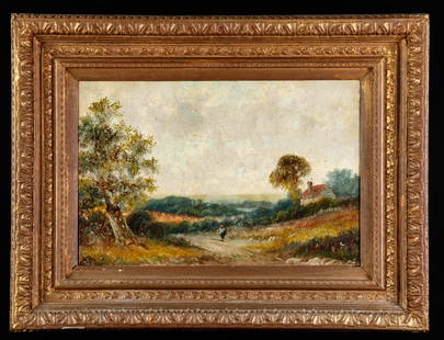 EUROPEAN SCHOOL (19th c): "Road in the Country" oil on canvas 12 x 18 inches. unsigned / illeg ? framed 19 1/2 x 25 1/2 inches (overall)