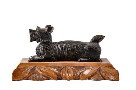 1930s CARVED & PAINTED WOOD SCOTTIE DOG PEN REST: Glass eyes. 4 1/2 x 9 1/2 x 4 inches