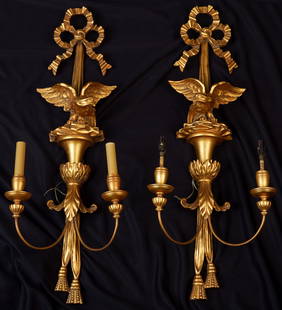 PAIR OF GILT CARVED-WOOD (2) LIGHT WALL SCONCES: Carved with ribbons, full-figured eagle, acanthus leaves and tassels. 32 x 12 x 8 inches. Provenance: Knox Mansion / Orchard House 800 Delaware Ave Buffalo, NY by direct descent. Provenance: Knox Mans