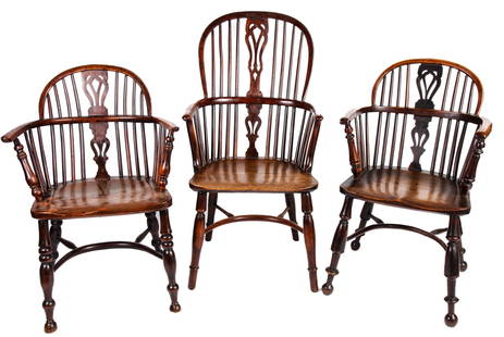 THREE GEORGE III YEW WOOD WINDSOR ARMCHAIRS: Pierced splat and boldly turned legs supported by bentwood stretchers. 34 1/2 and 41 x 21 x 20 inches. Provenance: Knox Mansion / Orchard House 800 Delaware Ave Buffalo, NY by direct descent. The Knox