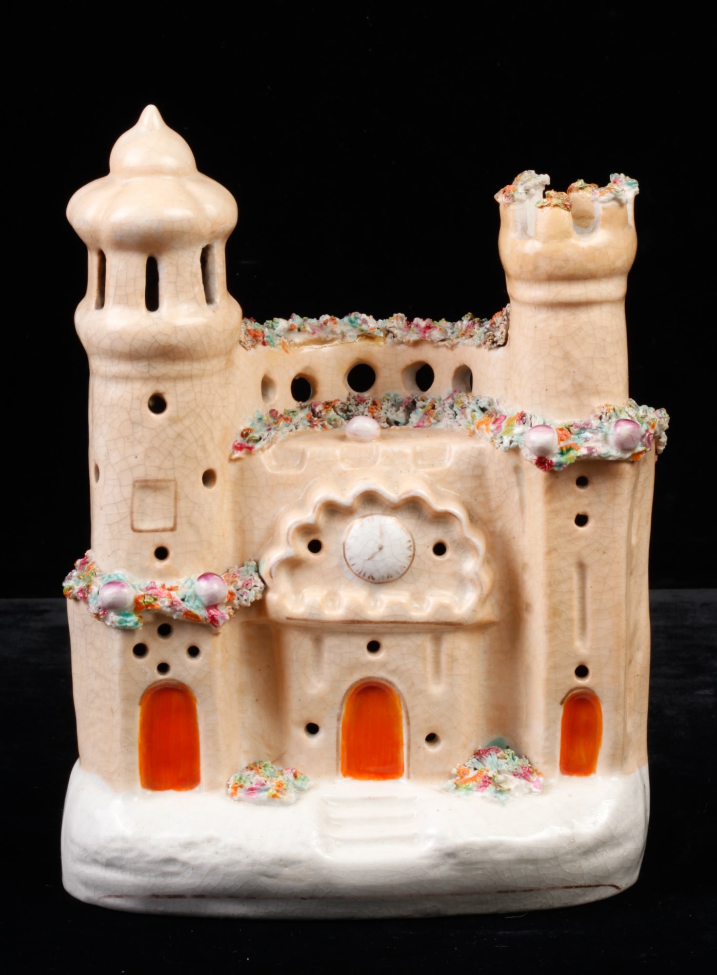 STAFFORDSHIRE CASTLE SPILL VASE: 7 1/2 inches. Provenance: Knox Mansion / Orchard House 800 Delaware Ave Buffalo, NY by direct descent. The Knox family of Buffalo are founders of FW Woolworth.