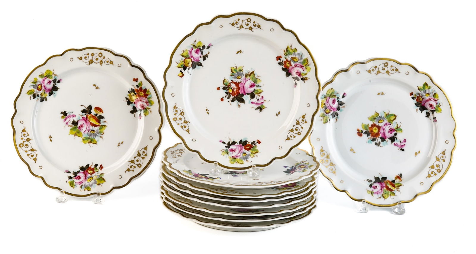 (10) ANTQUE CONTINENTAL PORCELAIN DINNER PLATES: Floral motif and gold highlights. 9 1/2 inches. Provenance: Knox Mansion / Orchard House 800 Delaware Ave Buffalo, NY by direct descent. The Knox family of Buffalo are founders of FW Woolworth.